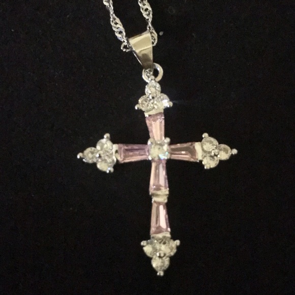 White Gold Filled Pink/White Sapphire Cross Pendan - Picture 2 of 5